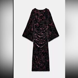 Zara Black and Pink Floral draped velvet dress